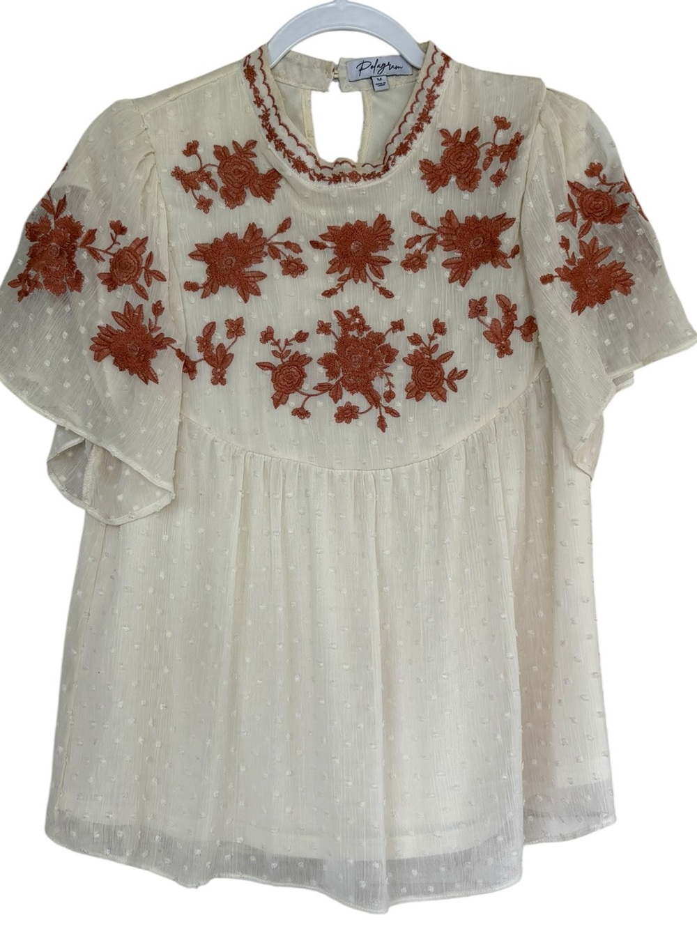 Pilgrim Cream Swiss Dot Blouse with Rust Floral Embroidery Size M